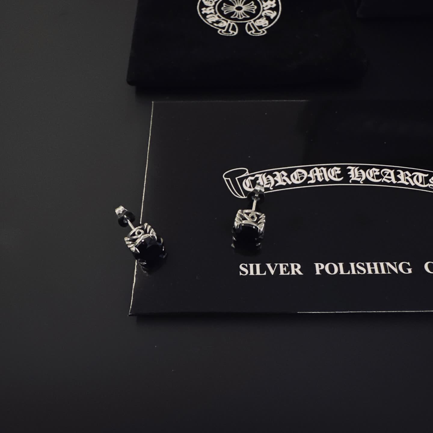 Chrome Hearts Silver Earrings with Black Stones